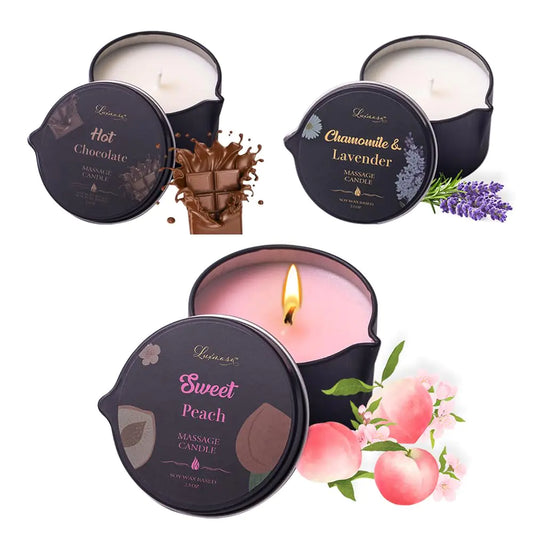 3-in-1 Massage Oil Candle Set – Soy Wax Skincare Trio (Sweet Peach, Hot Chocolate, Lavender Chamomile)